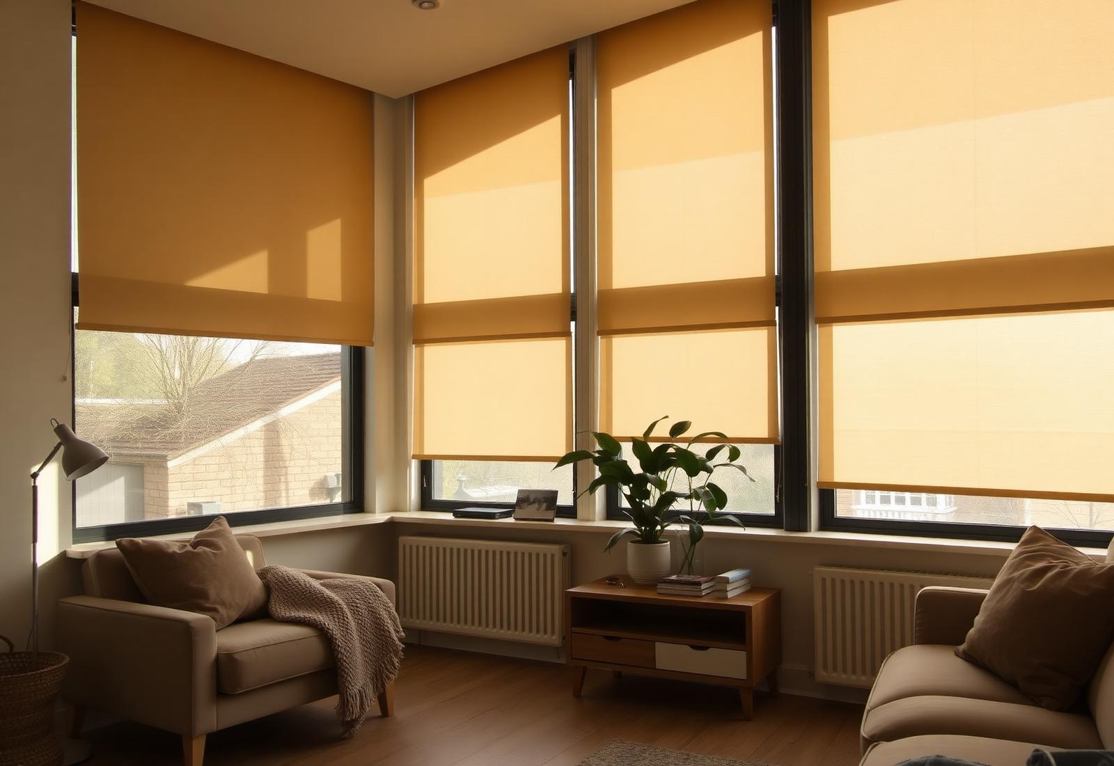 Made-to-measure roller blinds in a sunlit living room